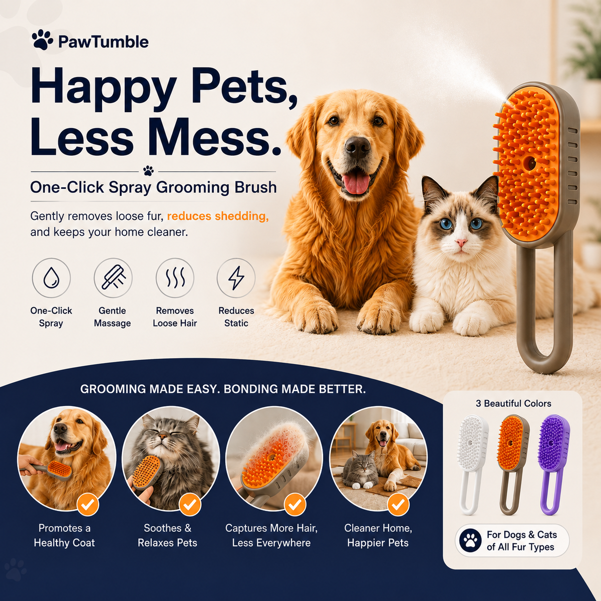 Shop the 3-in-1 PlushPaw™ grooming brush — one-click spray, gentle massage & effective hair removal for dogs and cats. Free US shipping.