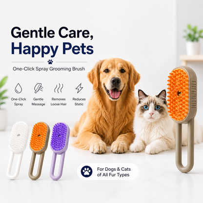 A pet grooming brush set shown with a golden retriever and a ragdoll cat in a bright indoor setting. The image includes three brush heads in white, orange, and purple, plus one larger orange-bristled brush on the right.
