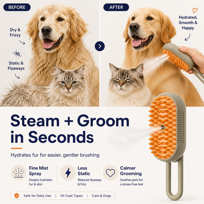 A pet grooming brush shown in a before-and-after comparison with a golden retriever and a cat. The left side shows a dry, frizzy dog and cat labeled 'Before'; the right side shows a hydrated, smooth dog being groomed with the brush, labeled 'After'.