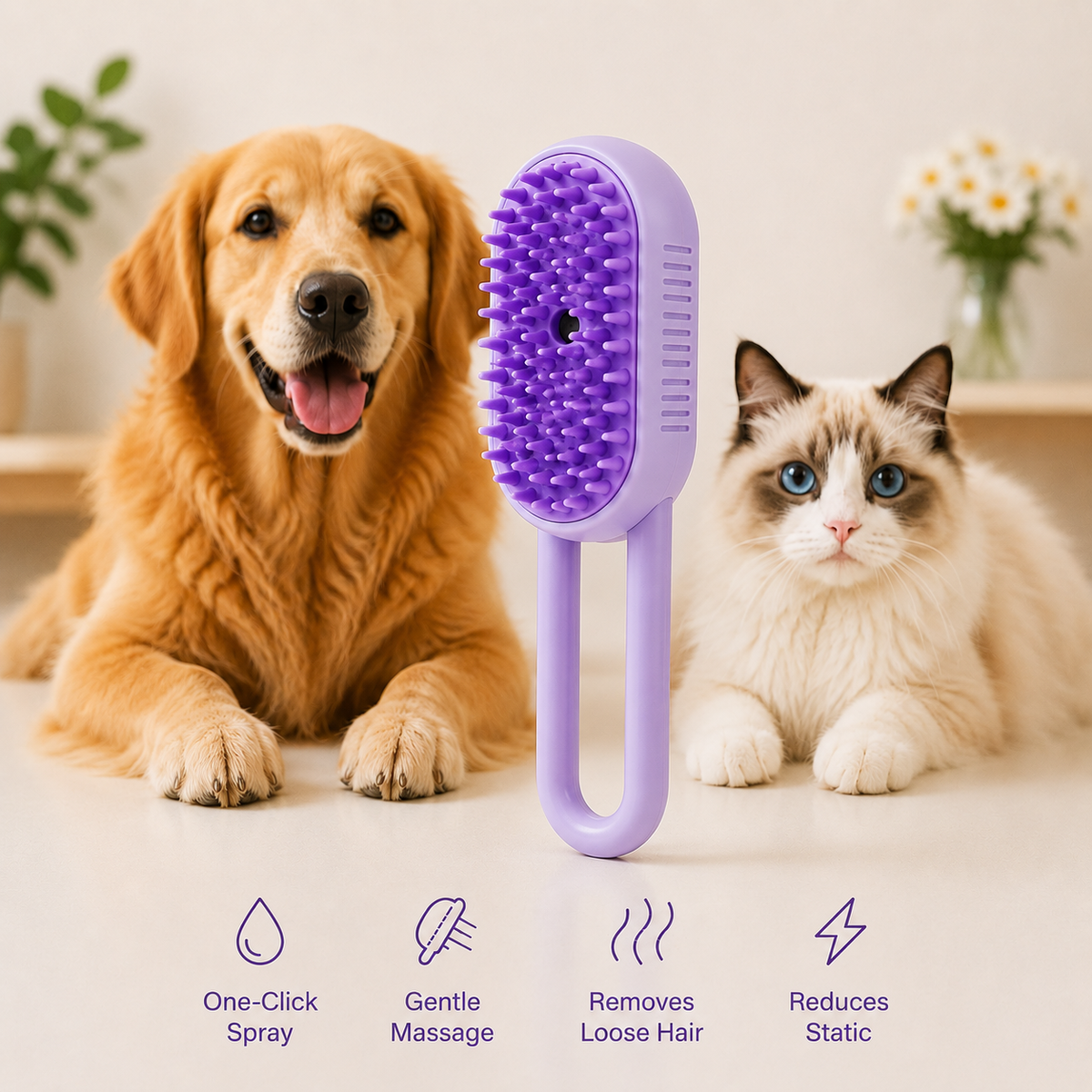 Shop the 3-in-1 PlushPaw™ grooming brush — one-click spray, gentle massage & effective hair removal for dogs and cats. Free US shipping.