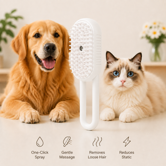 A white pet grooming brush stands upright between a golden retriever and a fluffy cat in a softly lit indoor setting. The brush has a rounded rectangular head with dense soft bristles on one side and a hanging handle.